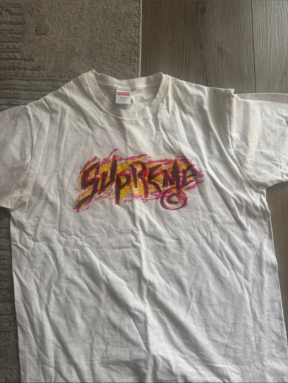 Supreme White Tee with Yellow & Pink Graffiti Logo